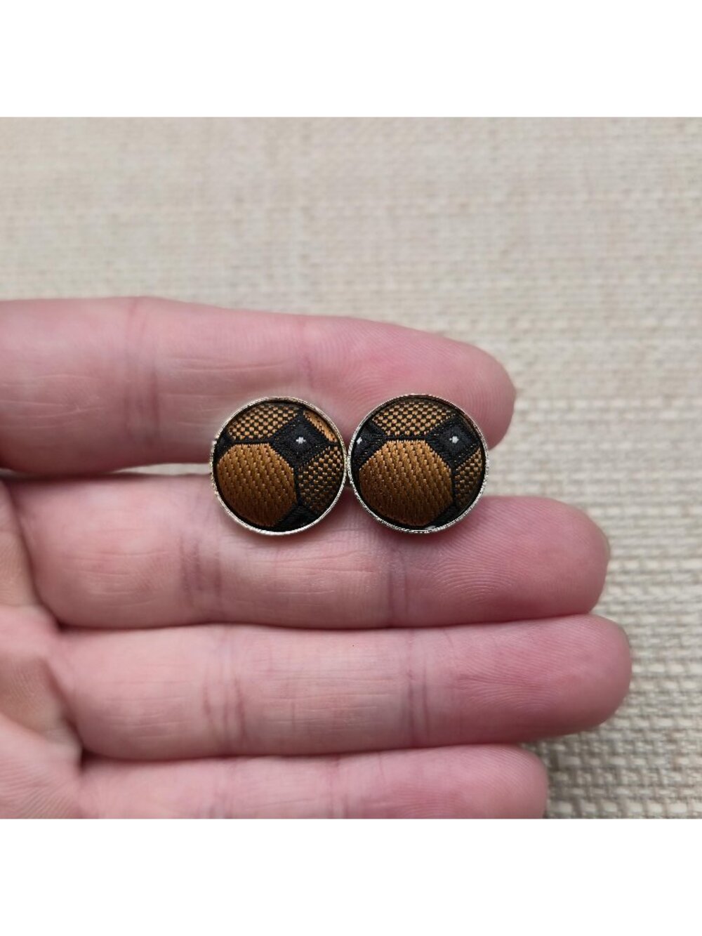 Vintage Round Brown and Black Textured Pattern Silk Fabric Insert Cufflinks A893
